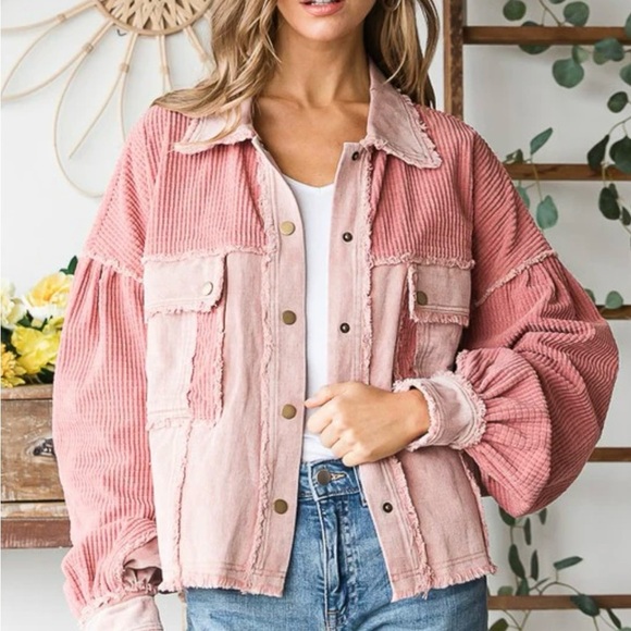 Oli & Hali Washed Fabric Mixed Crop Jacket-Blush - Picture 1 of 6